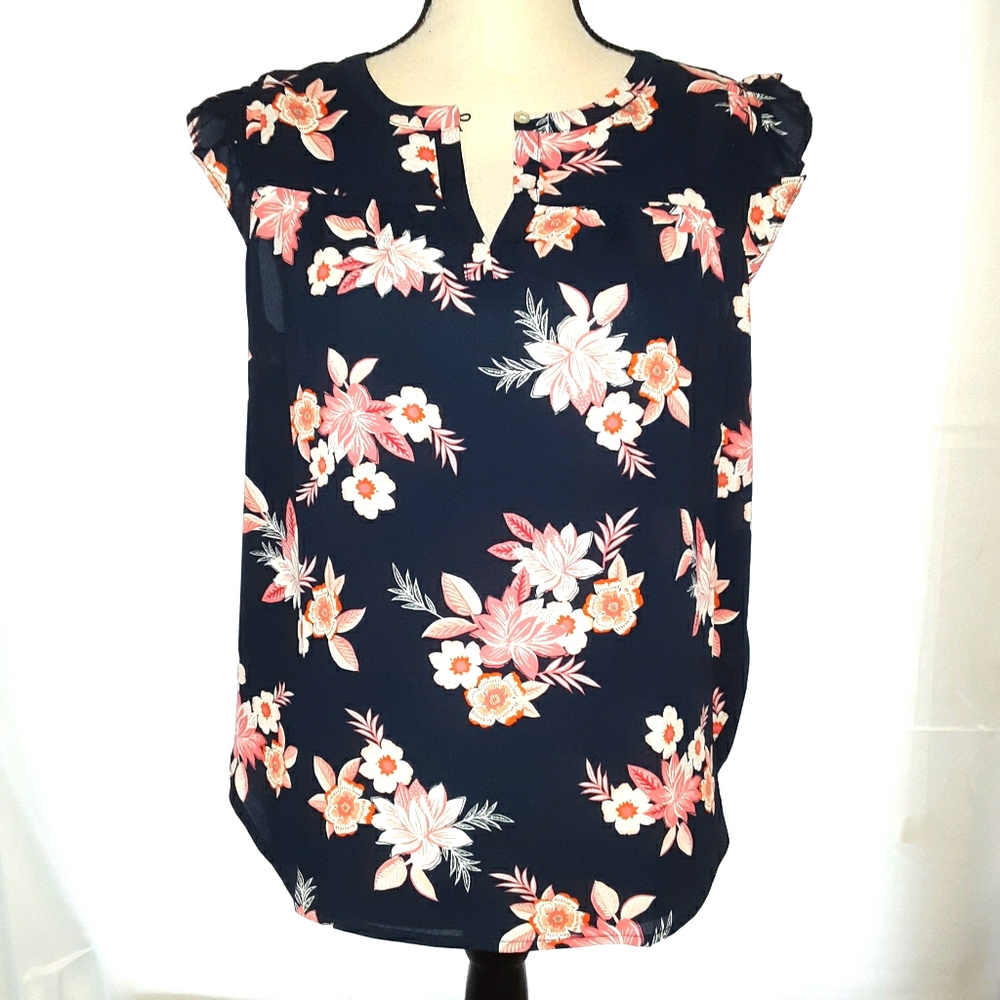 Loft Navy Floral Button Keyhole Front Blouse.